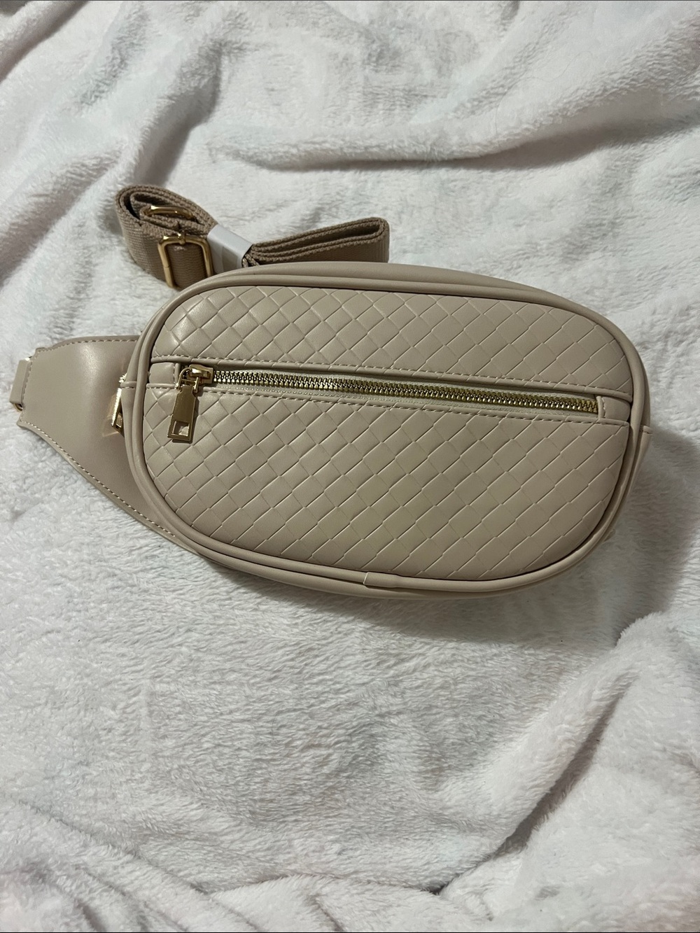 Beige Quilted Crossbody Belt Bag with Gold Hardware